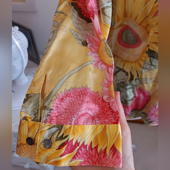 Don Caster~Vintage Yellow Pink & Green Floral Sunflower Silk Button Down Shirt - Picture 11 of 13